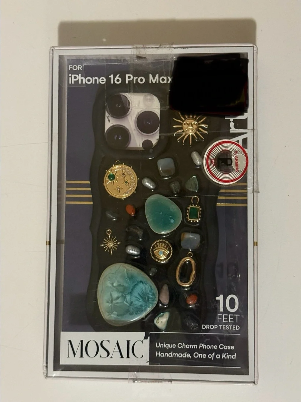 Black Phone Case with Turquoise Gemstones & Gold Sun Charms